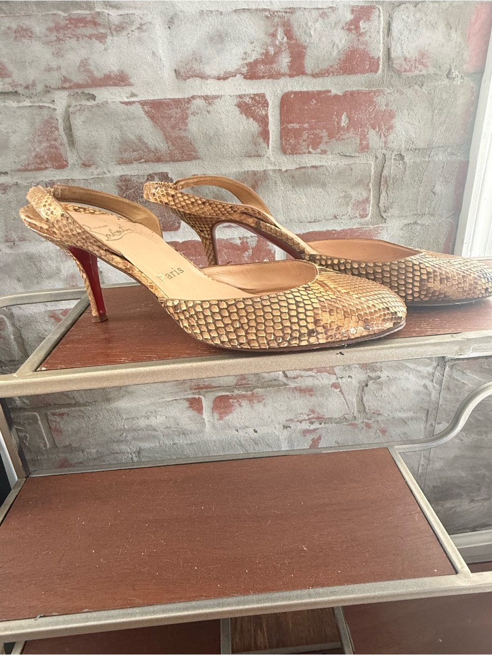 Christian Louboutin Tan Python-Textured Slingback Pumps with Red Soles